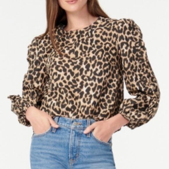 J crew Leopard Animal Print Ruffle Sleeve Top Shirt AS011 Extra Small XS Cotton - Picture 1 of 15